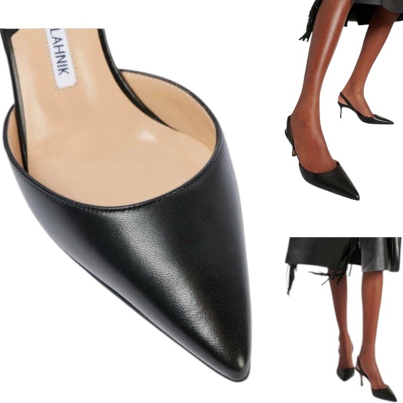 Manolo Blahnik Black Leather Slingback Kitten Heel Pumps Size 37 US 6.5–7 Italy - Picture 5 of 14